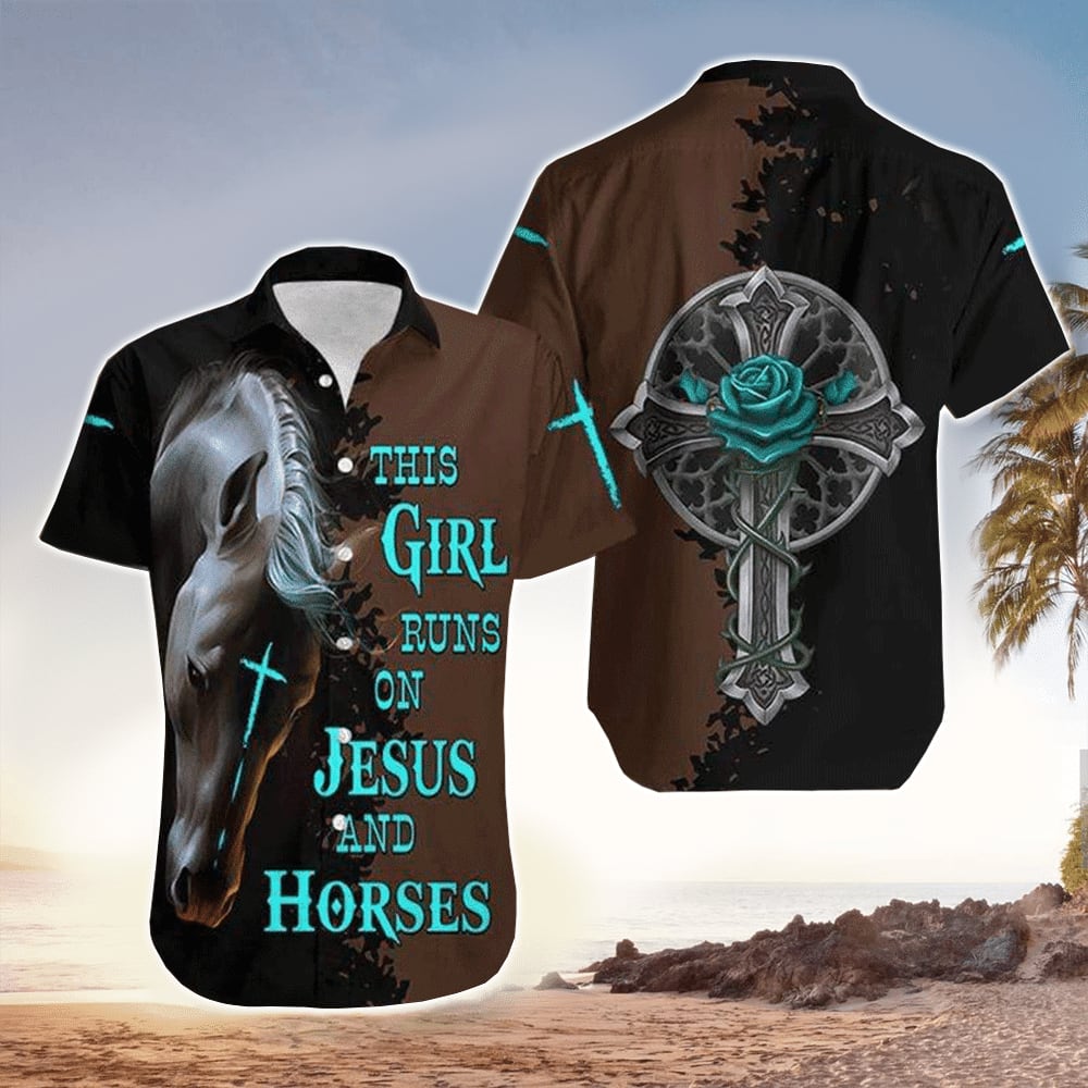 This Girl Runs On Jesus And Horse Black Brown Hawaiian Shirt - Christian Hawaiian Shirts For Men & Women