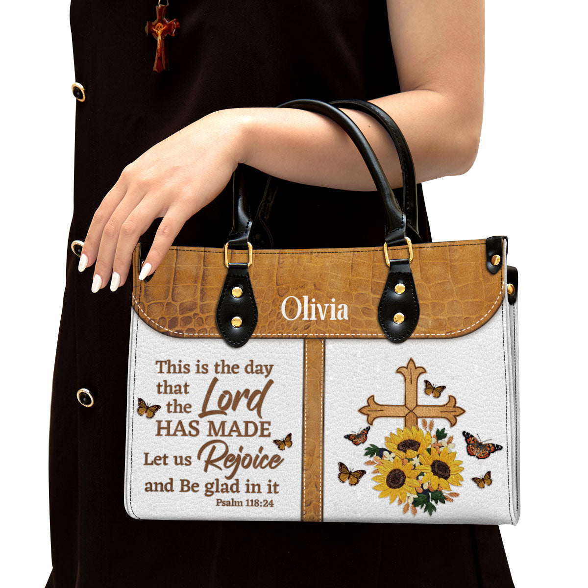 This Is The Day That The Lord Has Made Leather Bag - Custom Name Cross Leather Handbag - Christian Gifts For Women