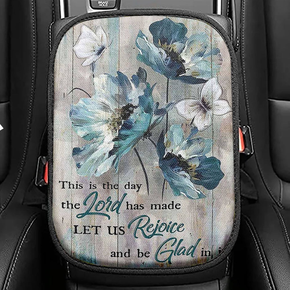 This Is The Day The Lord Has Made Blue Flower Butterfly Seat Box Cover, Christian Car Center Console Cover, Bible Verse Car Interior Accessories