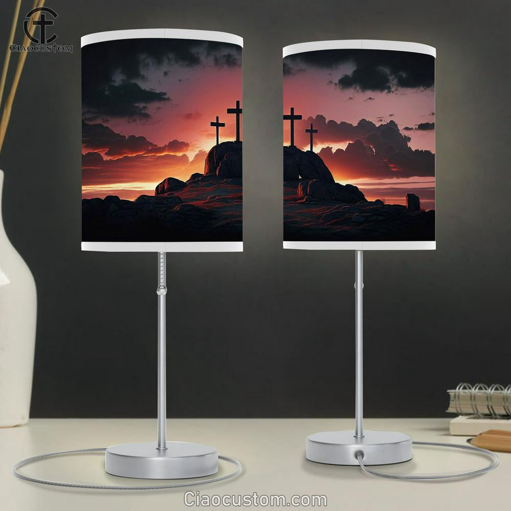 Three Crosses Mountain Easter Table Lamp Pictures - Faith Art - Christian Table Lamp For Bedroom Decor