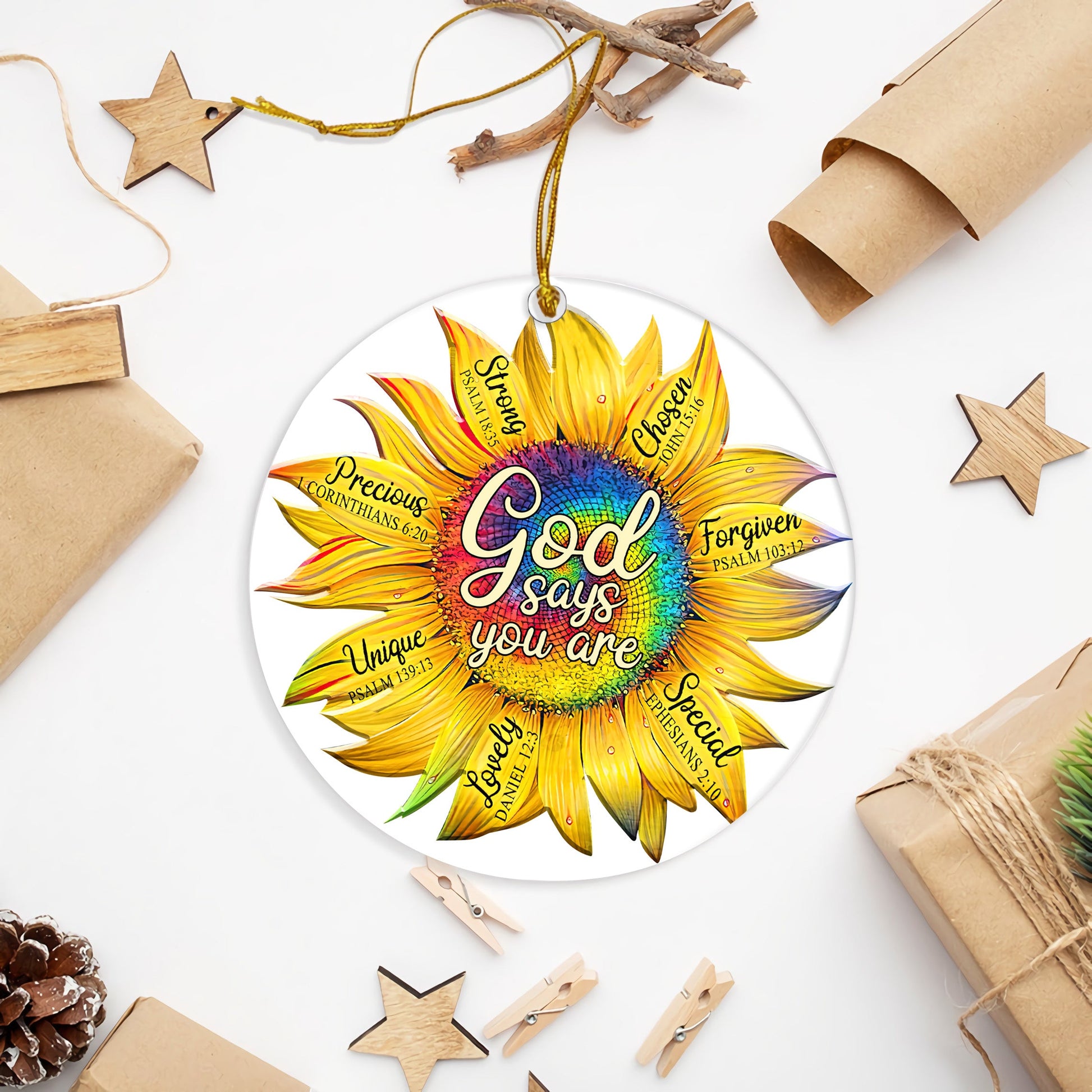 Tie Dye Sunflower God Says Ceramic Circle Ornament - Decorative Ornament - Christmas Ornament