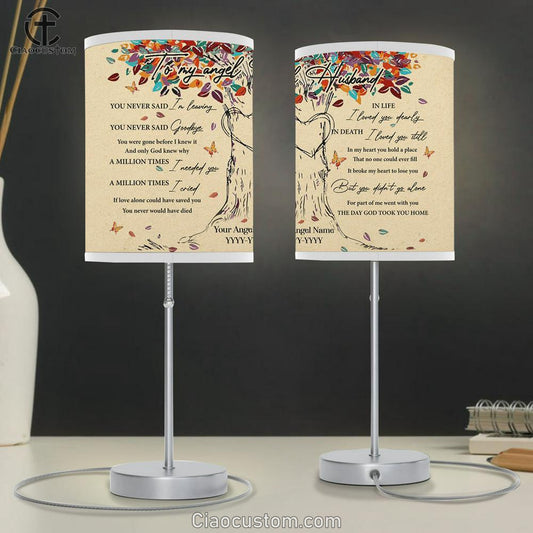 To My Angel Husband Colorful Tree Heart Butterfly Leaf Personalization Large Table Lamp - Christian Table Lamp Prints Art