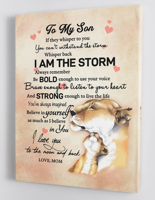 To My Son Canvas Wall Art - Gift For Son From Mom Lion Cub & Mom I Am The Storm Framed Canvas