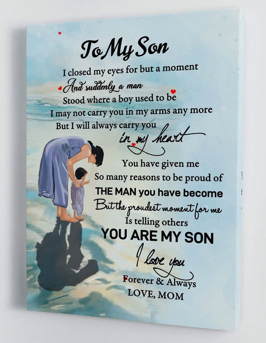 To My Son Canvas Wall Art - Gift For Son From Mom Mom And Baby On The Beach I Will Always Carry You In My Heart Framed Canvas Gift
