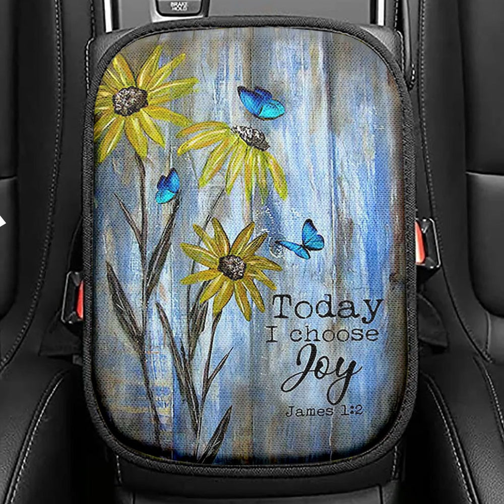 Today I Choose Joy Blue Butterfly Sunflower Seat Box Cover, Bible Verse Car Center Console Cover, Inspirational Car Interior Accessories