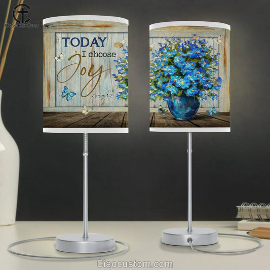 Today I Choose Joy Blue Flowers Flower Vase Butterflies Table Lamp For Bedroom - Bible Verse Table Lamp - Religious Room Decor