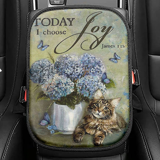 Today I Choose Joy Blue Hydrangea Pretty Cat Butterfly Seat Box Cover, Bible Verse Car Center Console Cover, Inspirational Car Interior Accessories