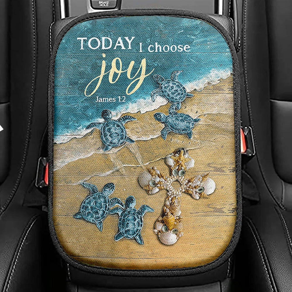 Today I Choose Joy Blue Turtle Cross Seat Box Cover, Bible Verse Car Center Console Cover, Inspirational Car Interior Accessories