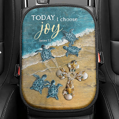 Today I Choose Joy Blue Turtle Cross Seat Box Cover, Bible Verse Car Center Console Cover, Inspirational Car Interior Accessories