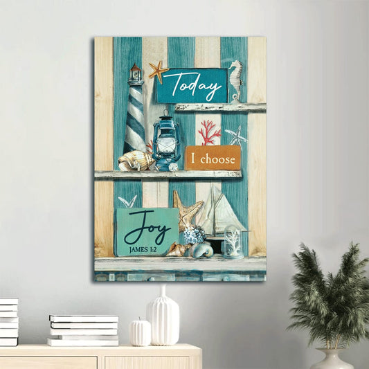 Today I Choose Joy Canvas Wall Art - Antique Lantern Summer Vibe Blue Background Portrait Canvas