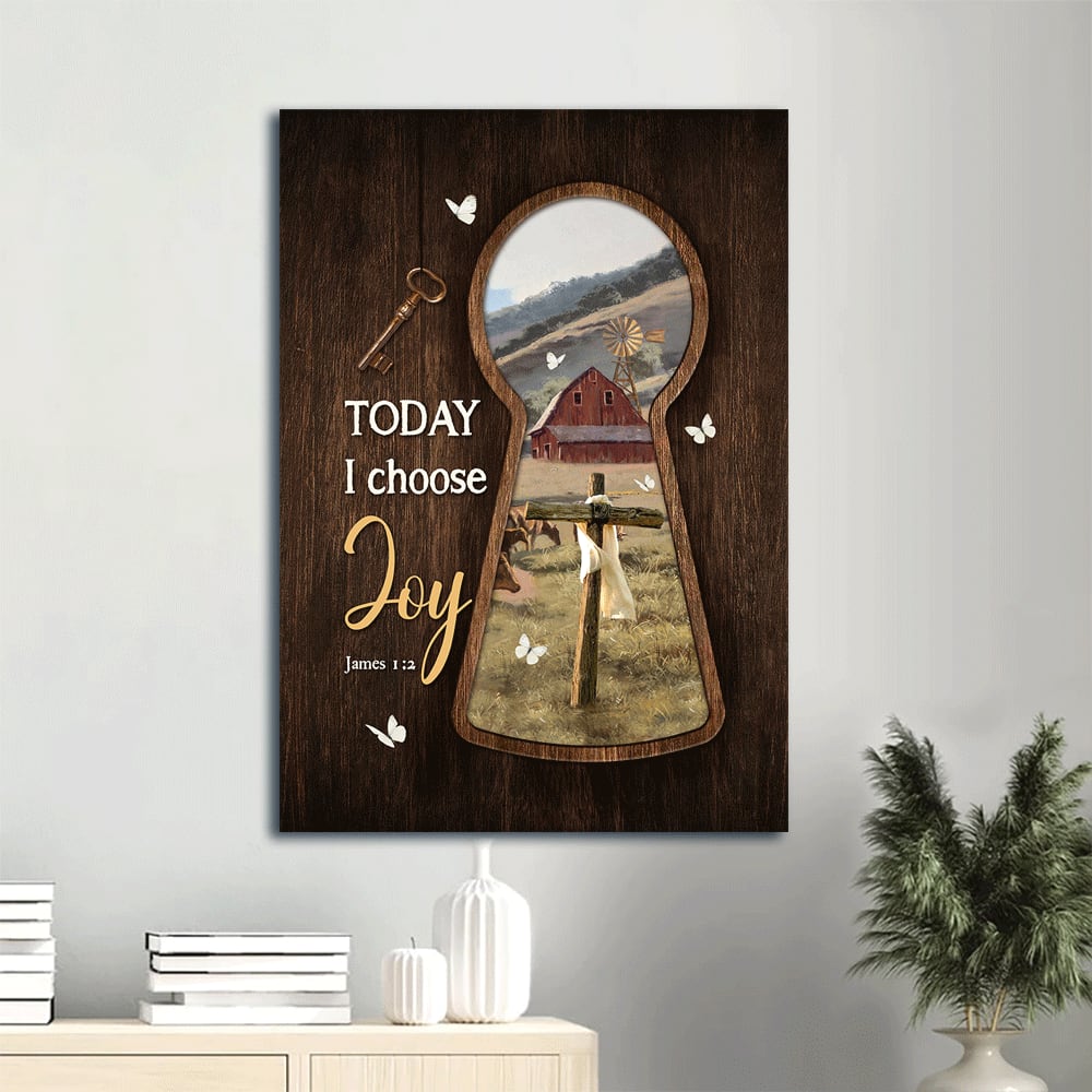 Today I Choose Joy Canvas Wall Art - Key & Cross Symbol & Green Meadow Land Portrait Canvas - Gift For Christian