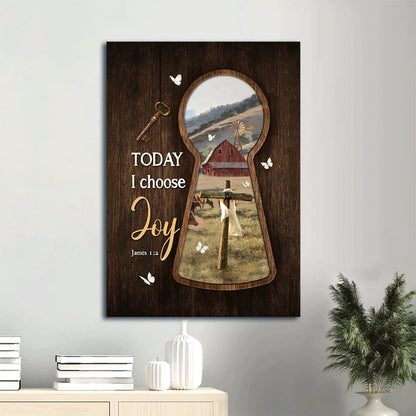 Today I Choose Joy Canvas Wall Art - Key & Cross Symbol & Green Meadow Land Portrait Canvas - Gift For Christian