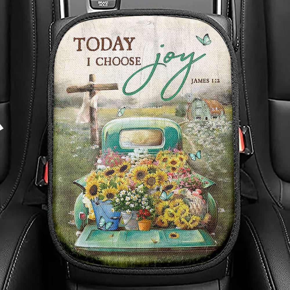 Today I Choose Joy Cow Mint Window Butterfly Seat Box Cover, Bible Verse Car Center Console Cover, Inspirational Car Interior Accessories