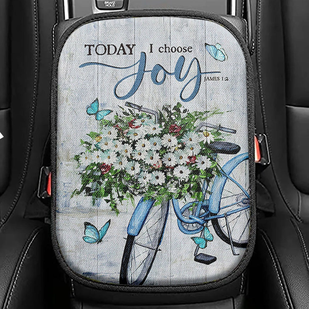 Today I Choose Joy Daisy Flower Butterfly Seat Box Cover, Bible Verse Car Center Console Cover, Inspirational Car Interior Accessories
