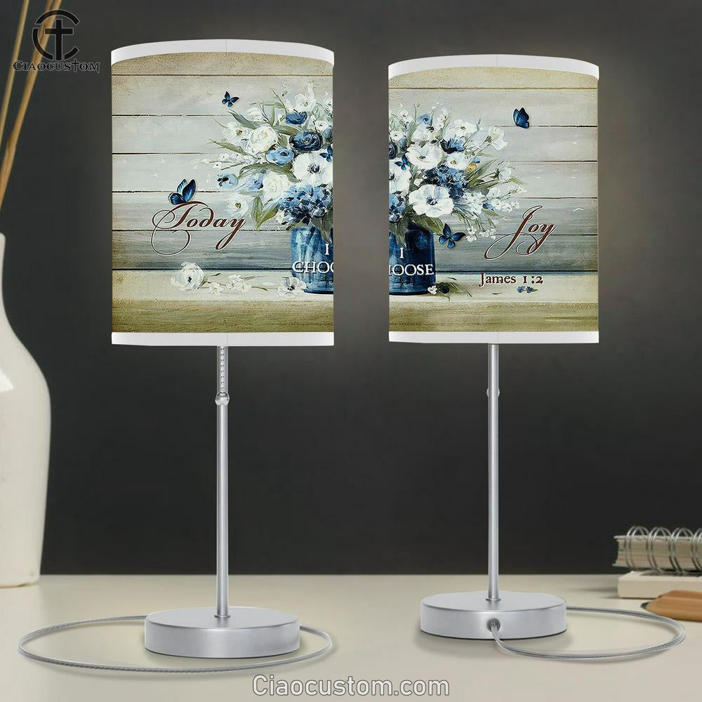 Today I Choose Joy Flower Blue Butterfly Table Lamp For Bedroom - Bible Verse Table Lamp - Religious Room Decor