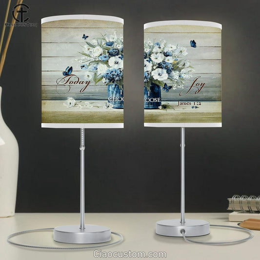 Today I Choose Joy Flower Blue Butterfly Table Lamp For Bedroom - Bible Verse Table Lamp - Religious Room Decor