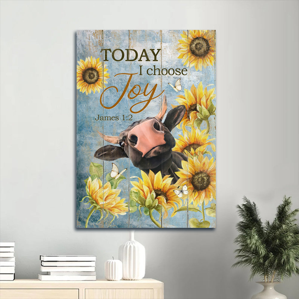 Today I Choose Joy James 1 2 Canvas Wall Art - Cow & Sunflower & Blue Sky Portrait Canvas - Gift For Religious Christian