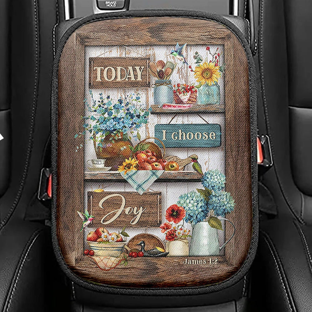 Today I Choose Joy Lavender Flower Hummingbird Seat Box Cover, Inspirational Car Center Console Cover, Christian Car Interior Accessories