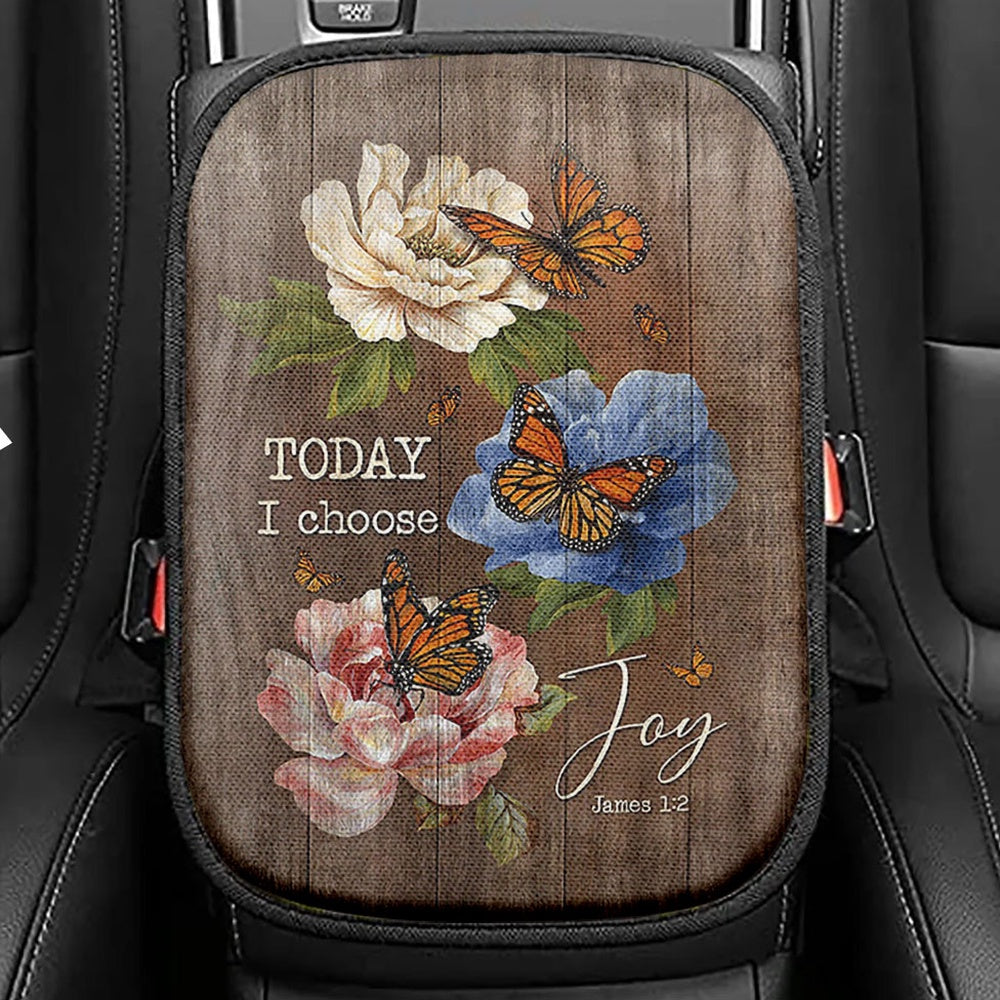 Today I Choose Joy Orange Butterfly Seat Box Cover, Inspirational Car Center Console Cover, Christian Car Interior Accessories
