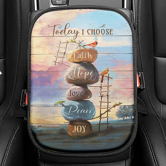 Today I Choose Joy Seat Box Cover, Sunflower Car Flower Field Wooden Cross Car Center Console Cover, Christian Car Interior Accessories