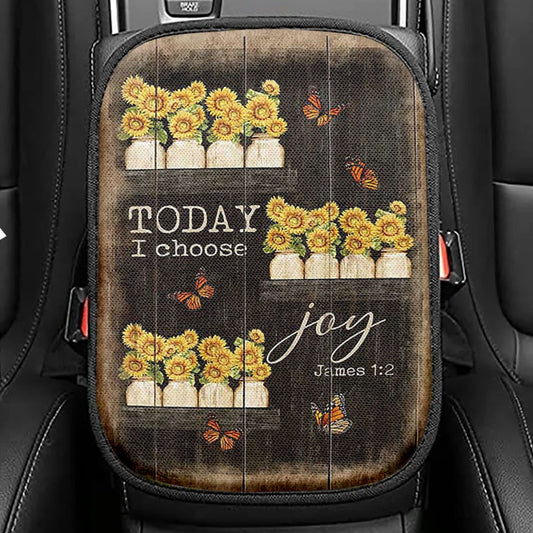 Today I Choose Joy Sunflower Orange Butterfly Seat Box Cover, Bible Verse Car Center Console Cover, Inspirational Car Interior Accessories