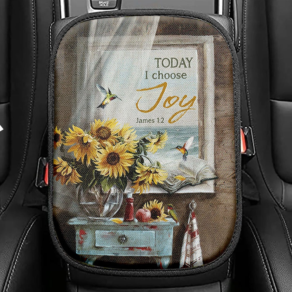 Today I Choose Joy Sunflower Vase Hummingbird Seat Box Cover, Christian Car Center Console Cover, Bible Verse Car Interior Accessories