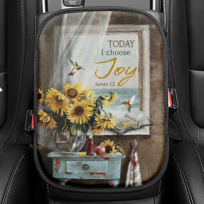 Today I Choose Joy Sunflower Vase Hummingbird Seat Box Cover, Christian Car Center Console Cover, Bible Verse Car Interior Accessories