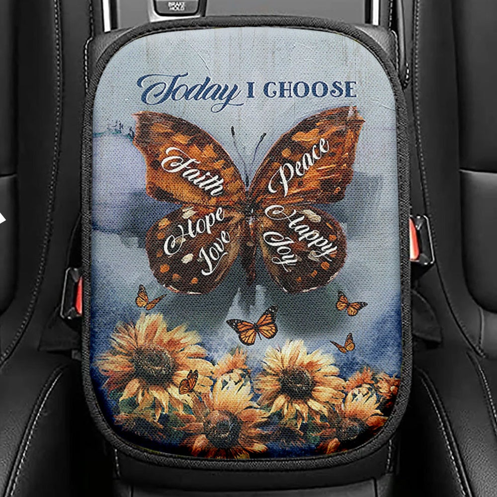 Today I Choose Peace Brown Butterfly Sunflower Seat Box Cover, Inspirational Car Center Console Cover, Christian Car Interior Accessories