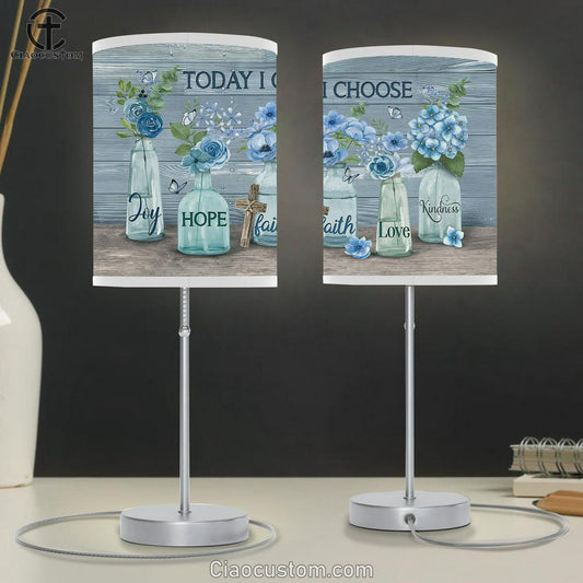 Today I choose joy Blue flower garden Cross Table Lamp For Bedroom - Bible Verse Table Lamp - Religious Room Decor