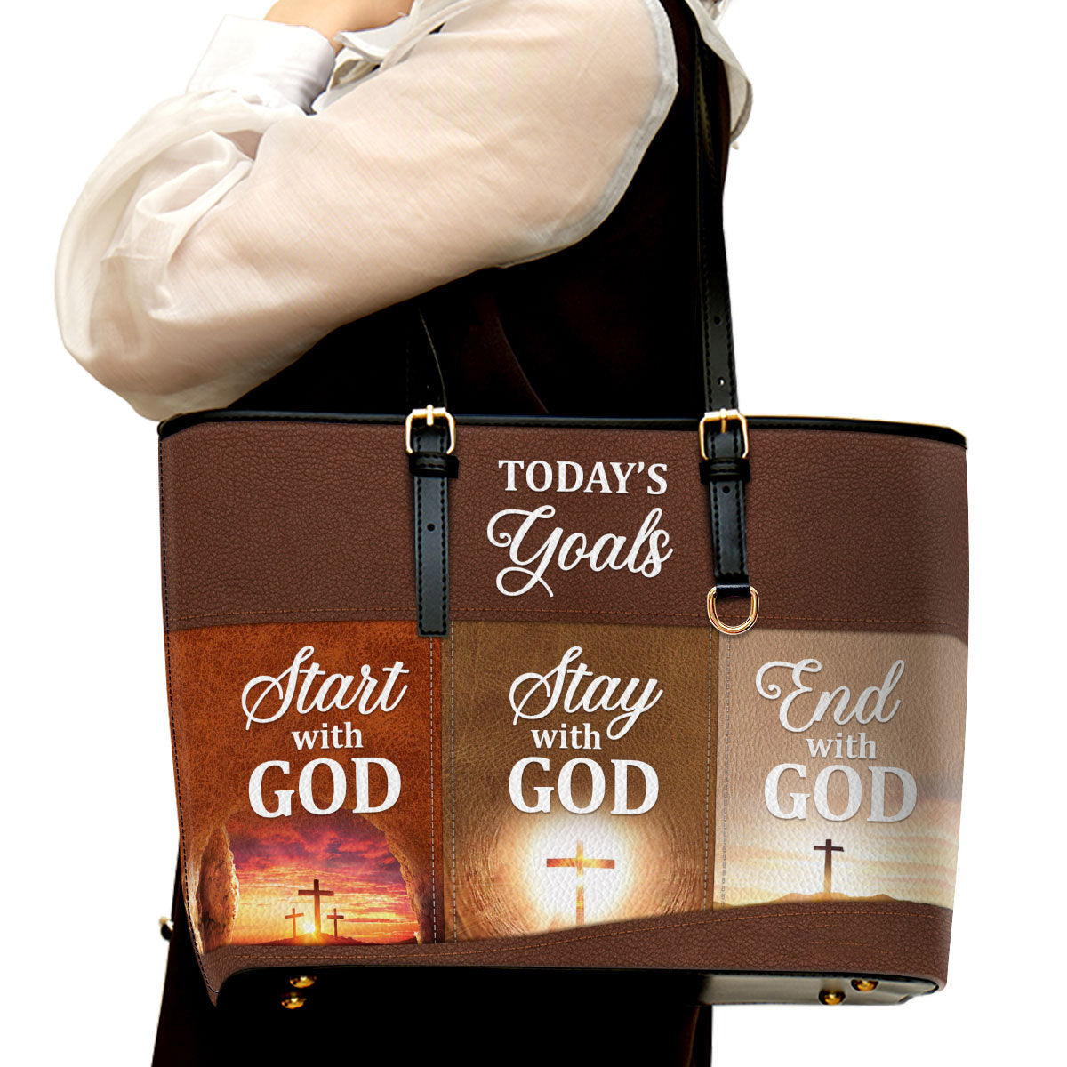 Today‘s Goals Stay With God Large Pu Leather Tote Bag For Women - Mom Gifts For Mothers Day
