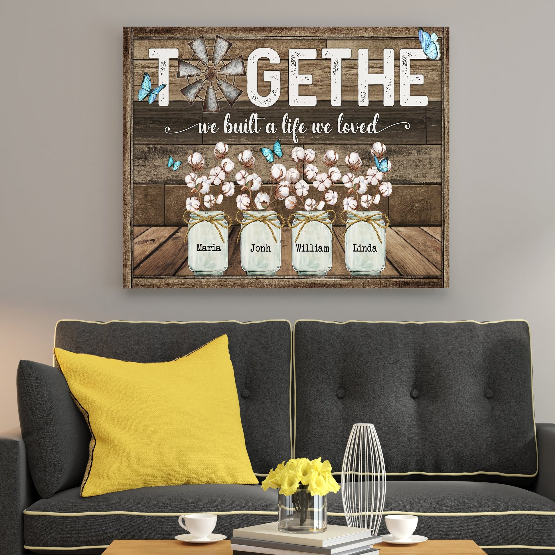 Together We Built A Life We Love Butterfly Cotton Flower Canvas - Personalized Family Gifts