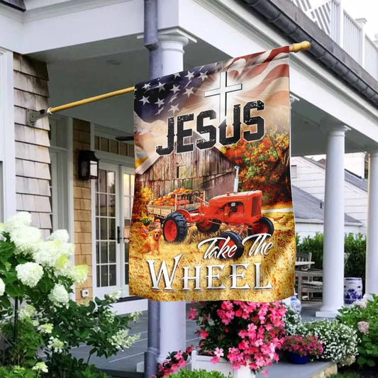 Tractor Jesus Take The Wheel House Flags - Christian Garden Flags - Outdoor Christian Flag