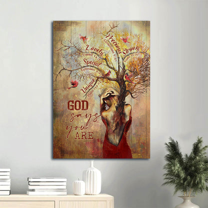 Tree Painting Red Cardinal Autumn Season God Says You Are Canvas Wall Art - Christian Gift