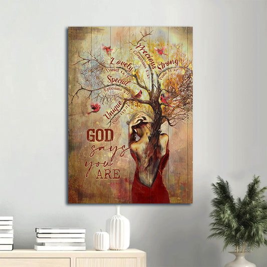 Tree Painting Red Cardinal Autumn Season God Says You Are Canvas Wall Art - Christian Gift