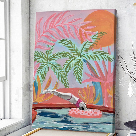 Tropical Swimming Pool Wrapped Canvas, Colorful Hollywood Poster, Los Angeles California Art, Palm Trees Botanical Vintage Painting, Midcentury Modern