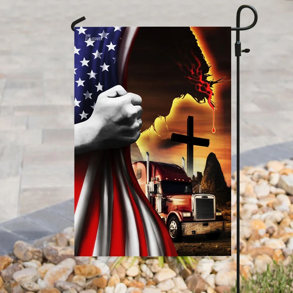 Trucker Jesus Christian American House Flags - Christian Garden Flags - Outdoor Christian Flag