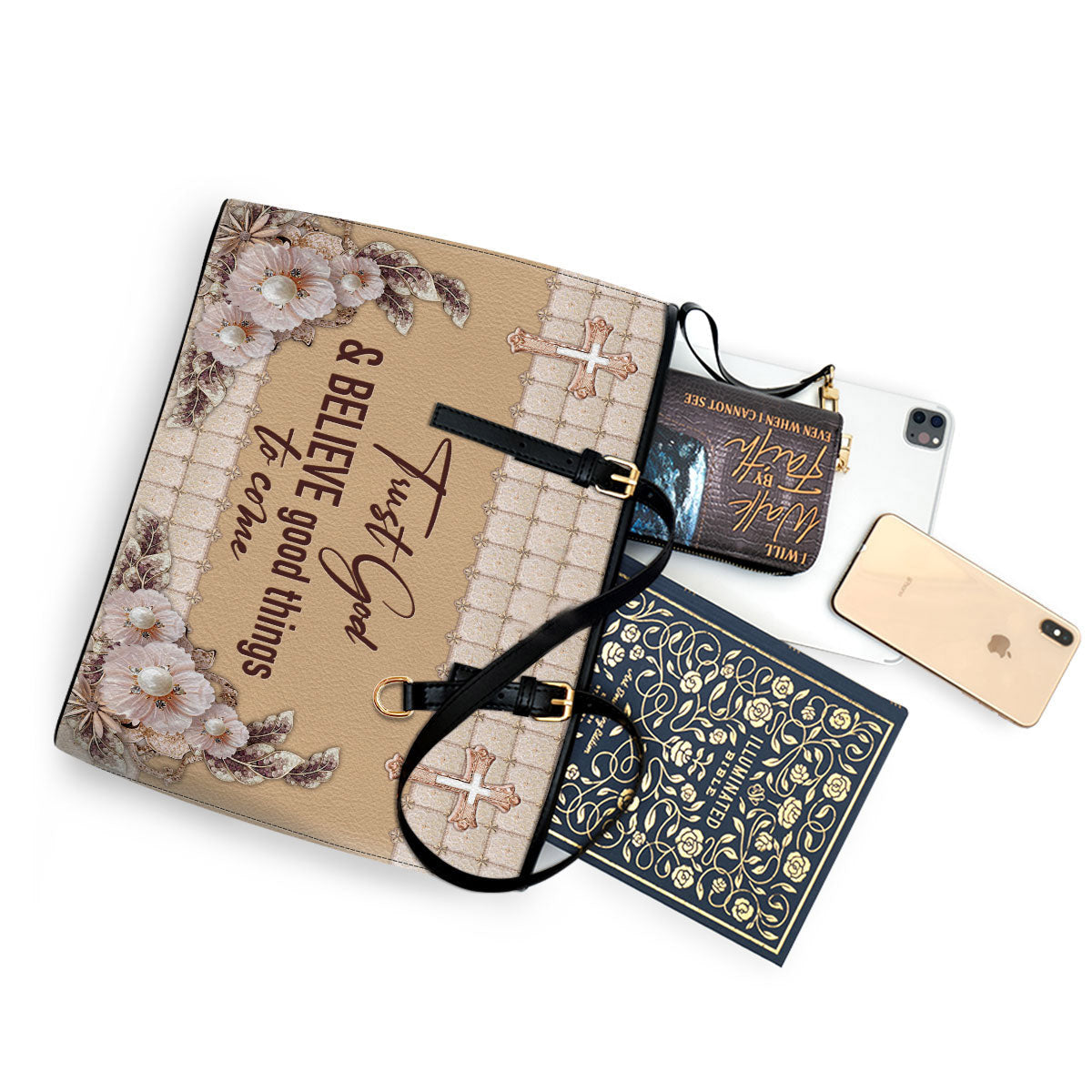 Trust God And Believe Good Things To Come Large Pu Leather Tote Bag For Women - Mom Gifts For Mothers Day