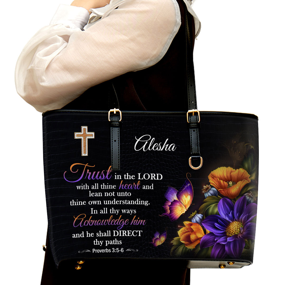 Trust In The Lord Personalized Large Leather Tote Bag - Religious Gifts For Women Of God