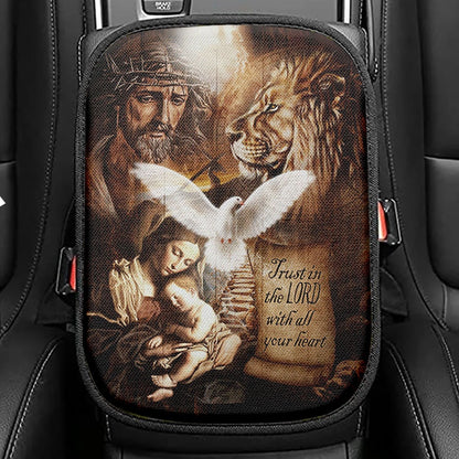 Trust In The Lord Seat Box Cover, The Life Of Jesus Lion Dove Car Center Console Cover, Bible Verse Car Interior Accessories