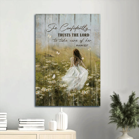 Trusts The Lord To Take Care Of Her Canvas Wall Art - Beautiful Girl Green Flower Field White Butterfly - Gift For Her