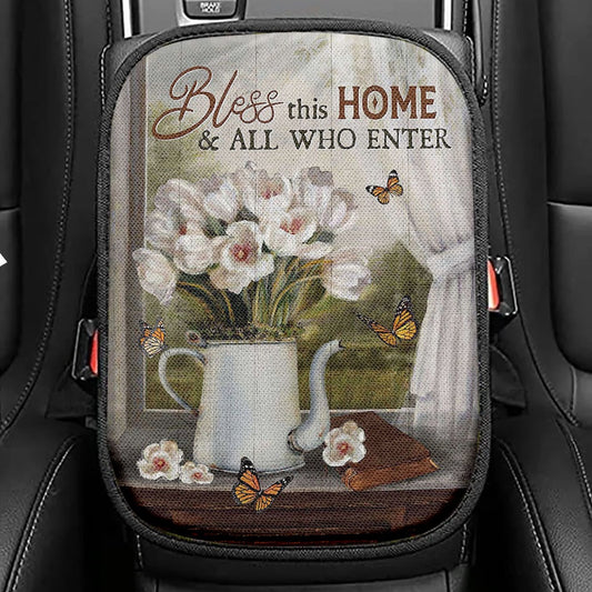 Tulip Butterfly Bless This Home Seat Box Cover, Christian Car Center Console Cover, Bible Verse Car Interior Accessories