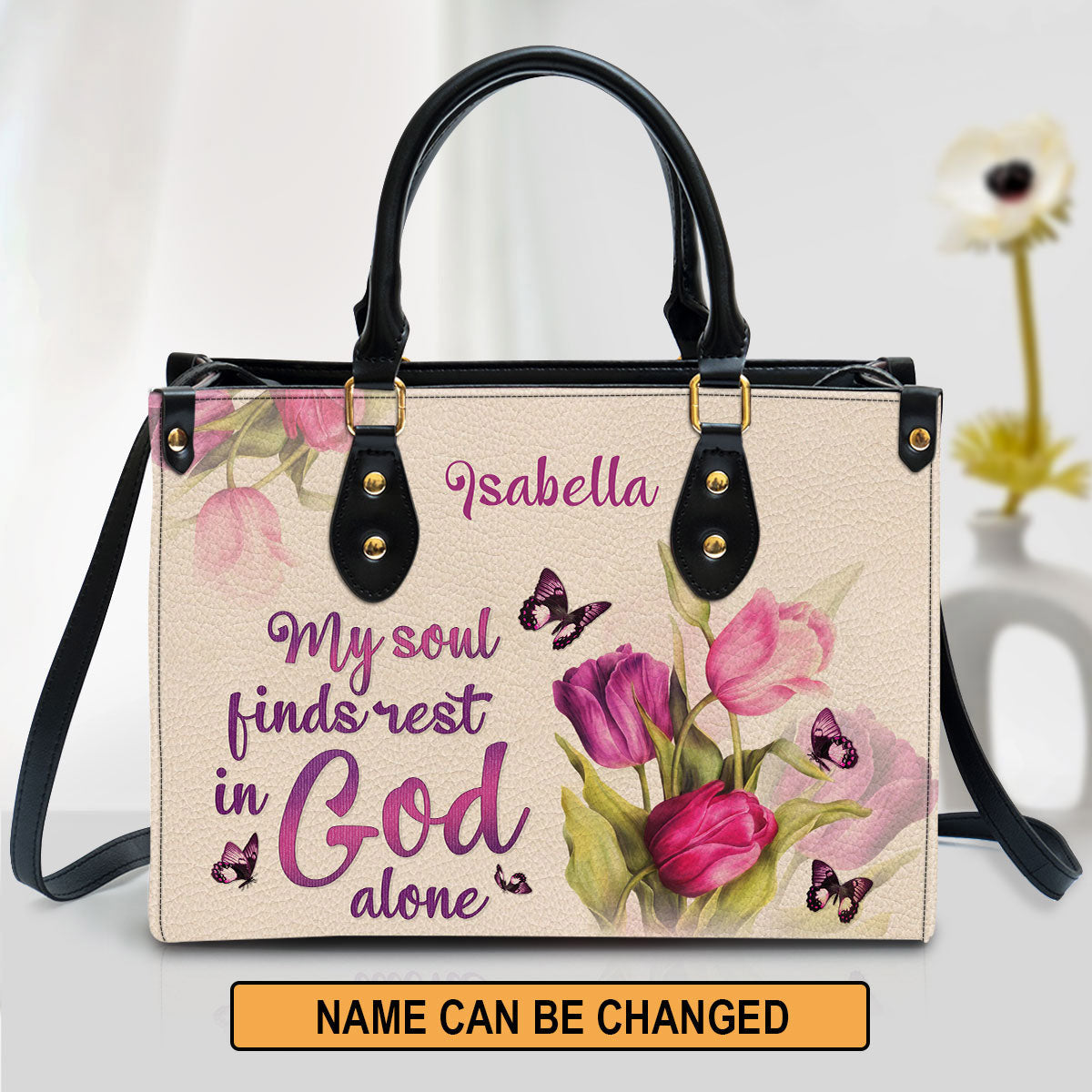 Tulip & Butterfly My Soul Find Rest In God Alone Leather Bag - Personalized Leather Bag With Handle for Christian Women