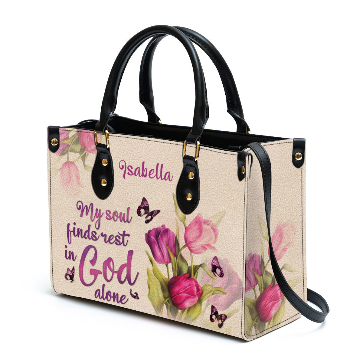 Tulip & Butterfly My Soul Find Rest In God Alone Leather Bag - Personalized Leather Bag With Handle for Christian Women