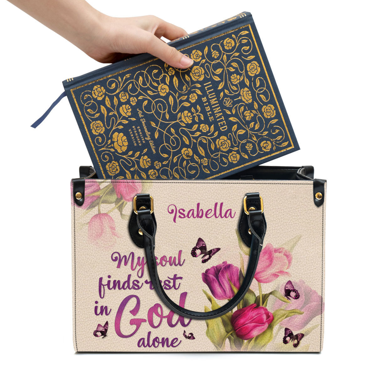 Tulip & Butterfly My Soul Find Rest In God Alone Leather Bag - Personalized Leather Bag With Handle for Christian Women