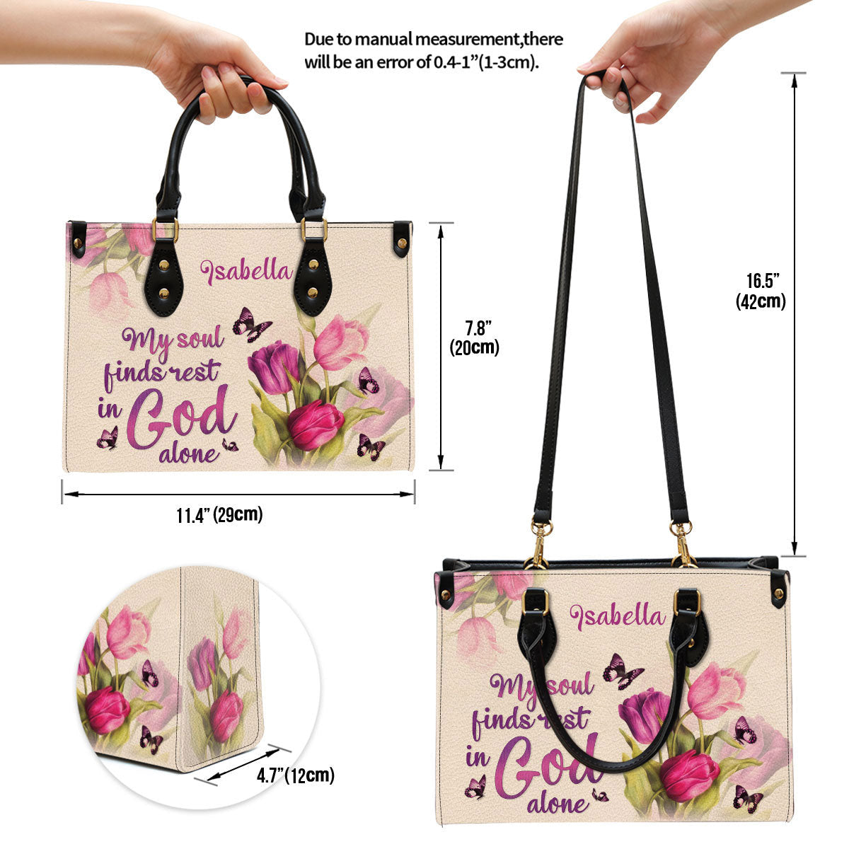 Tulip & Butterfly My Soul Find Rest In God Alone Leather Bag - Personalized Leather Bag With Handle for Christian Women