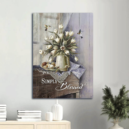 Tulip Vase Colorful Hummingbird Still Life Painting Simply Blessed Canvas Wall Art - Christian Gift