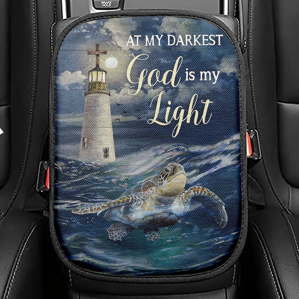 Turtle Blue Ocean Lighthouse God Is My Light Seat Box Cover, Christian Car Center Console Cover, Bible Verse Car Interior Accessories