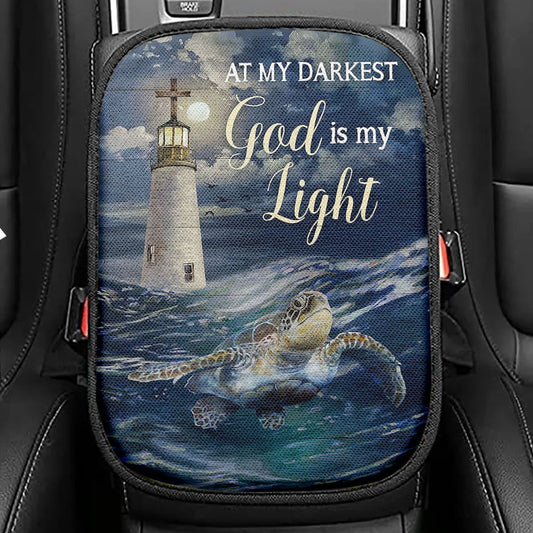 Turtle Blue Ocean Lighthouse God Is My Light Seat Box Cover, Christian Car Center Console Cover, Bible Verse Car Interior Accessories