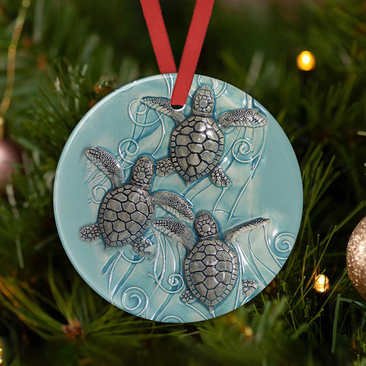 Turtle Ceramic Style Circle Ornament - Christmas Ornament - Ciaocustom
