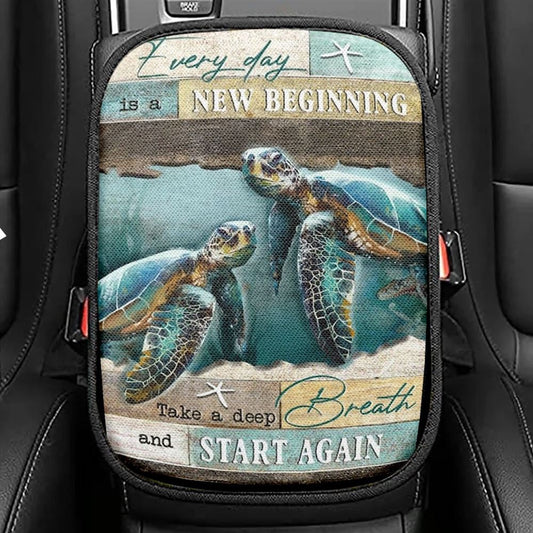 Turtle Deep Ocean Every Day Is A New Beginning Car Center Console Cover, Christian Armrest Seat Cover, Bible Seat Box Cover